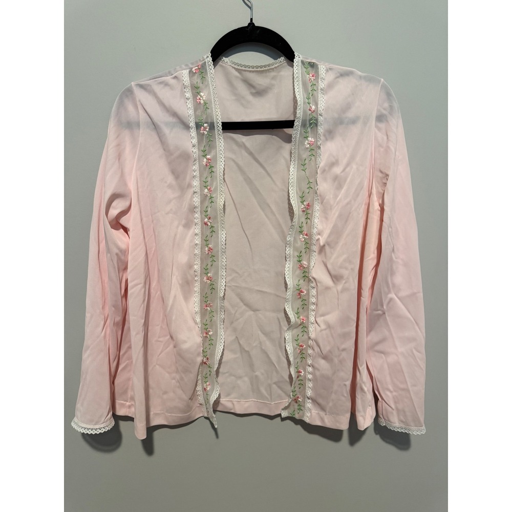 Vintage Sears Pink Nylon Bed Jacket Floral Embroidered Lace Trim Med 36 USA Made